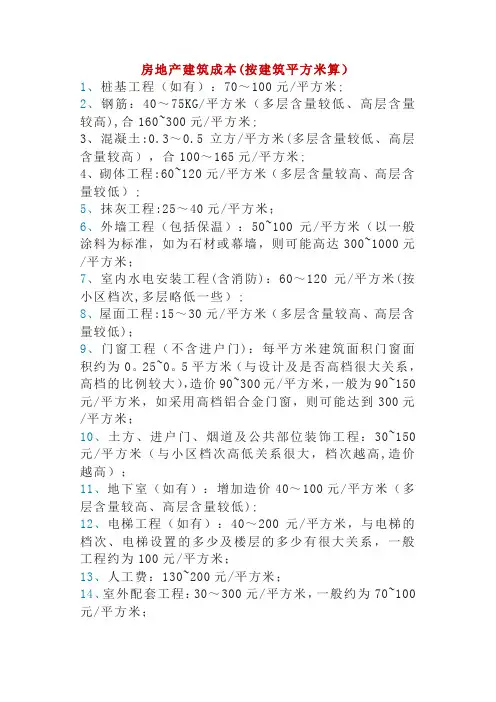 (每平米)房地产建筑成本及建筑常用数据【精选文档】