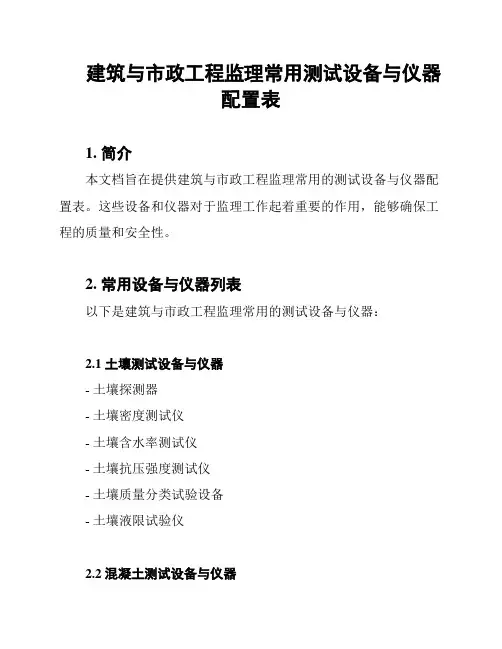 建筑与市政工程监理常用测试设备与仪器配置表