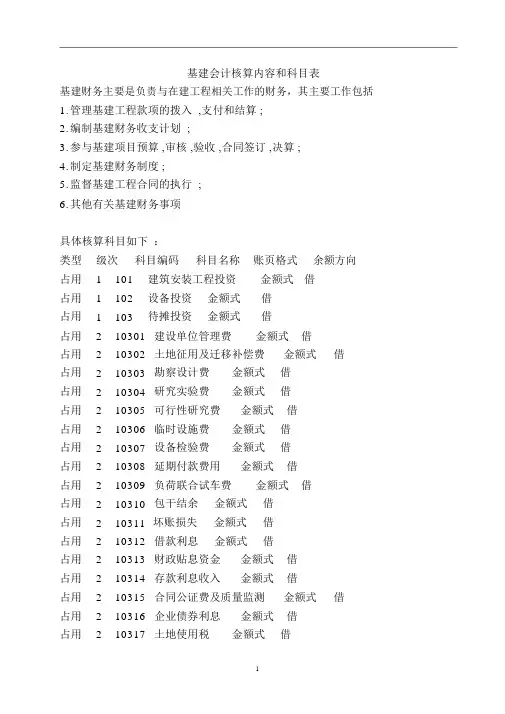 基建会计核算内容和科目表