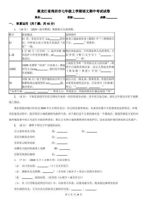 黑龙江省鸡西市七年级上学期语文期中考试试卷