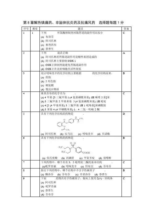 药物化学第8章 解热镇痛药、非甾体抗炎药及抗痛风药题库