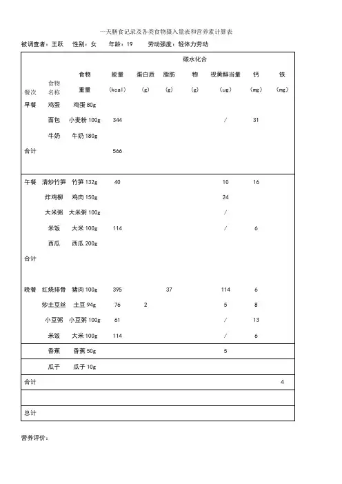一天膳食记录及各类食物摄入量表和营养素计算表