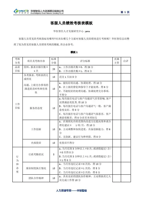 客服人员绩效考核指标及模板