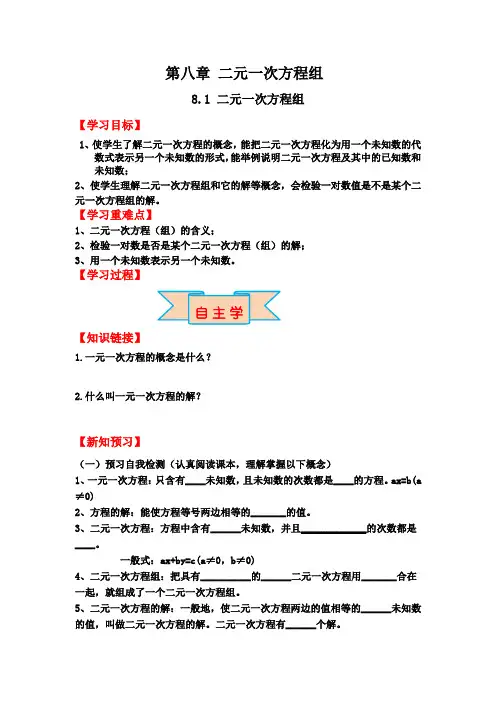 人教版七年级数学下册8.1二元一次方程组学案