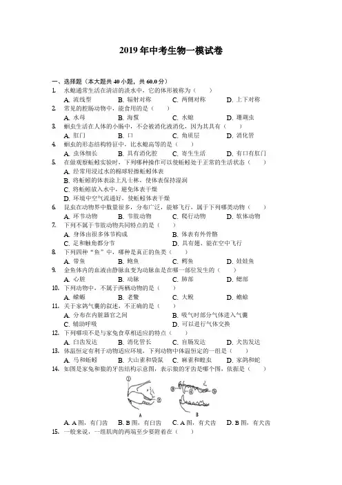 2019年北京大兴区中考一模生物试卷及答案解析