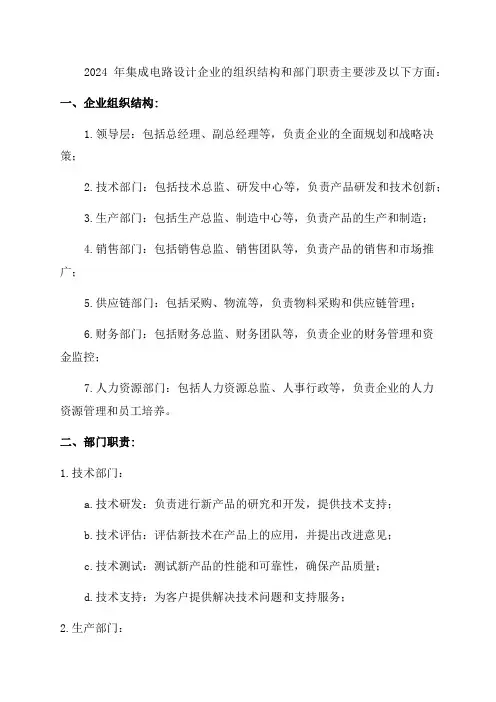 2024年集成电路设计企业组织结构及部门职责
