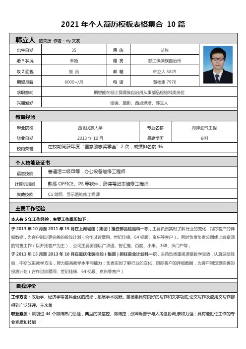 2021年个人简历模板表格集合 10篇