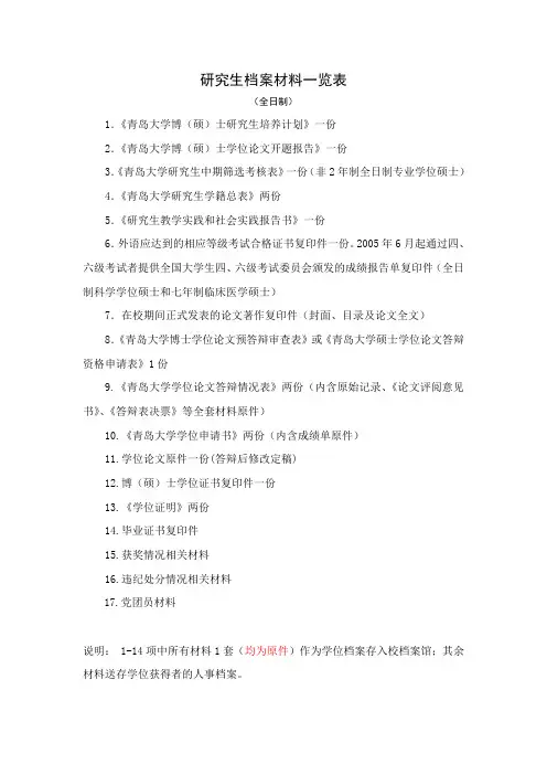 研究生档案材料一览表(全日制)
