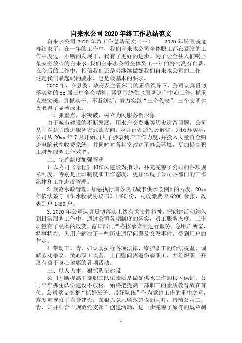 2020年自来水公司终工作总结范文
