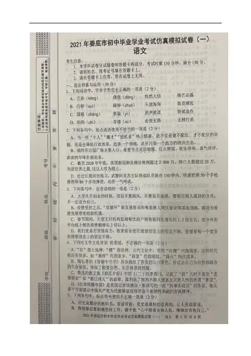 2021年湖南省娄底市初中毕业学业考试仿真模拟(一)语文试题(图片版)