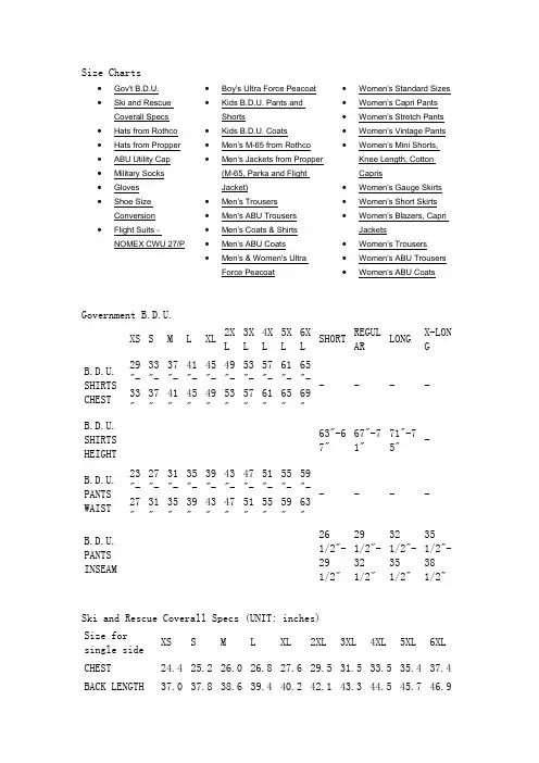 美军军服尺码