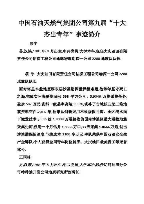 中国石油天然气集团公司第九届“十大杰出青年”事迹简介