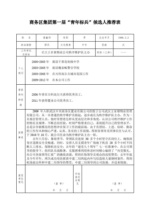 商务区集团青年标兵候选人推荐表