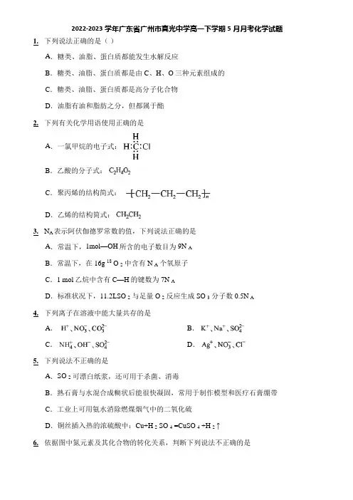 2022-2023学年广东省广州市真光中学高一下学期5月月考化学试题