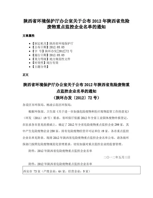 陕西省环境保护厅办公室关于公布2012年陕西省危险废物重点监控企业名单的通知