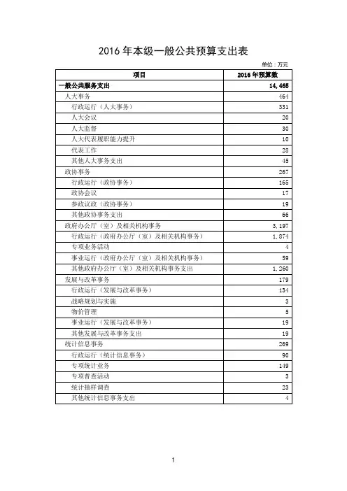 2016年本级一般公共预算支出表