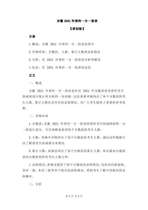 安徽2021年理科一分一段表