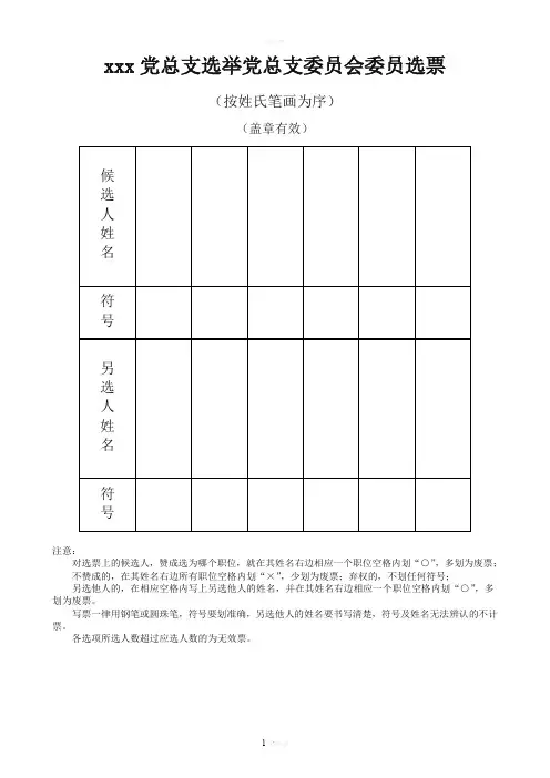 xxx党总支选举党支部委员会委员选票