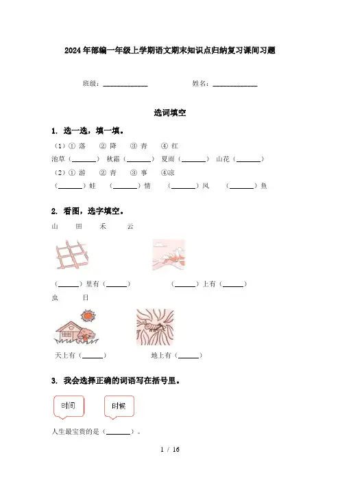 2024年部编一年级上学期语文期末知识点归纳复习课间习题