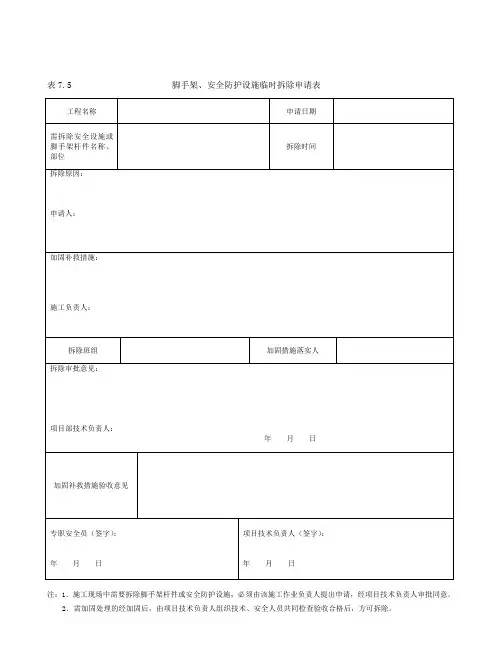 脚手架、安全防护设施临时拆除申请表