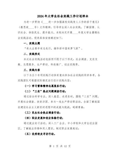 2024年大学生社会实践工作计划样本（五篇）