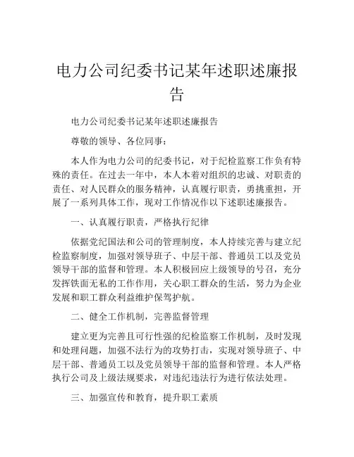 电力公司纪委书记某年述职述廉报告