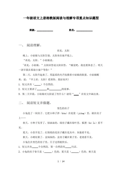 一年级语文上册湘教版阅读与理解专项重点知识题型