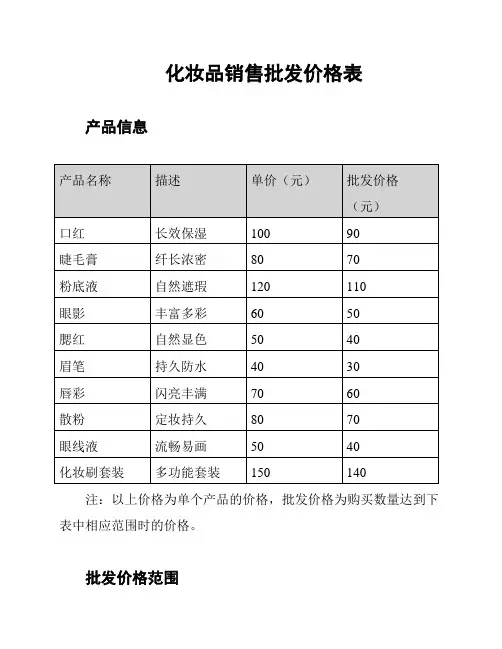 化妆品销售批发价格表