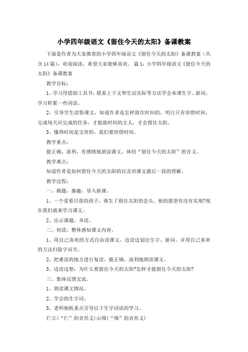 小学四年级语文《留住今天的太阳》备课教案
