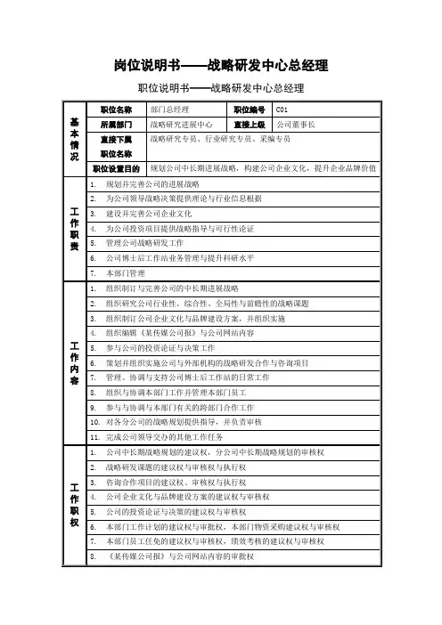 岗位说明书——战略研发中心总经理