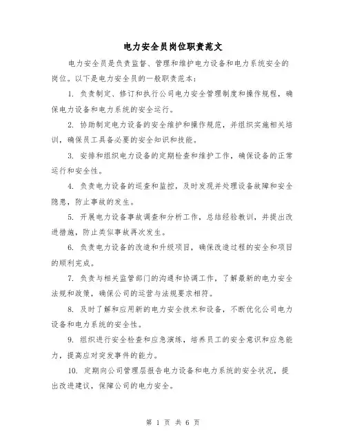 电力安全员岗位职责范文（5篇）