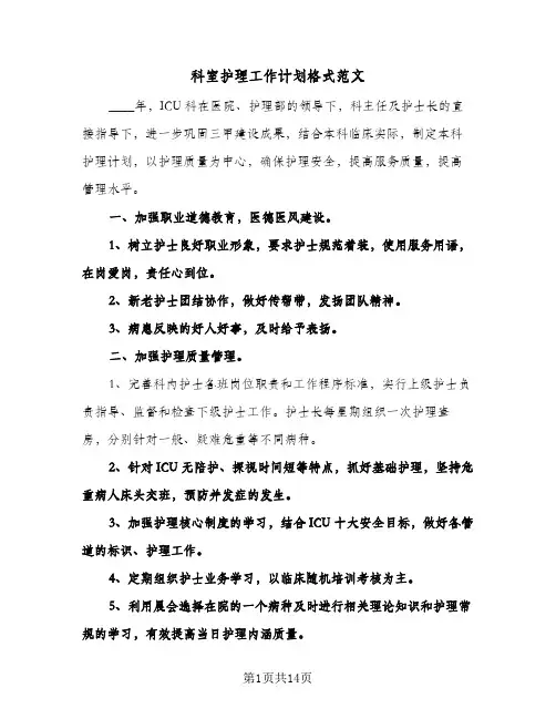 科室护理工作计划格式范文（四篇）