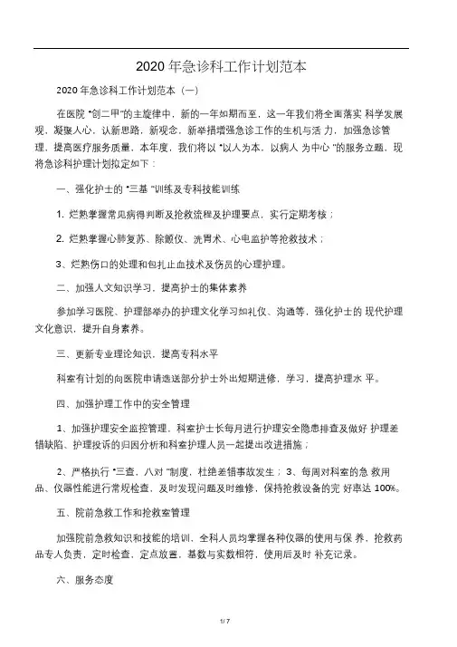 2020年急诊科工作计划范本