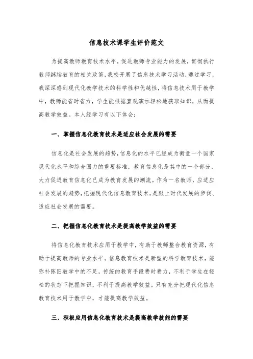 信息技术课学生评价范文（2篇）