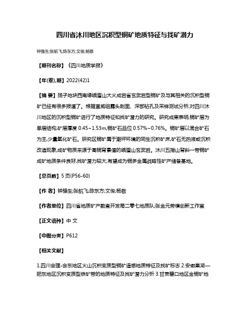 四川省沐川地区沉积型铜矿地质特征与找矿潜力