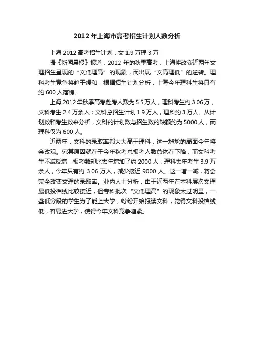 2012年上海市高考招生计划人数分析