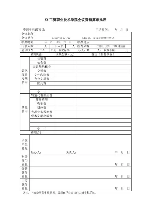 XX工贸职业技术学院会议费预算审批表