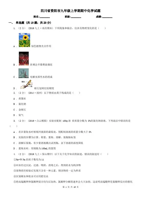 四川省资阳市九年级上学期期中化学试题
