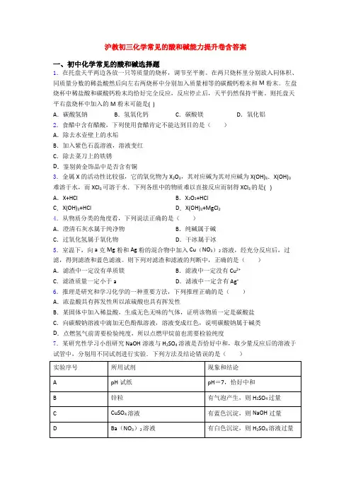 沪教初三化学常见的酸和碱能力提升卷含答案