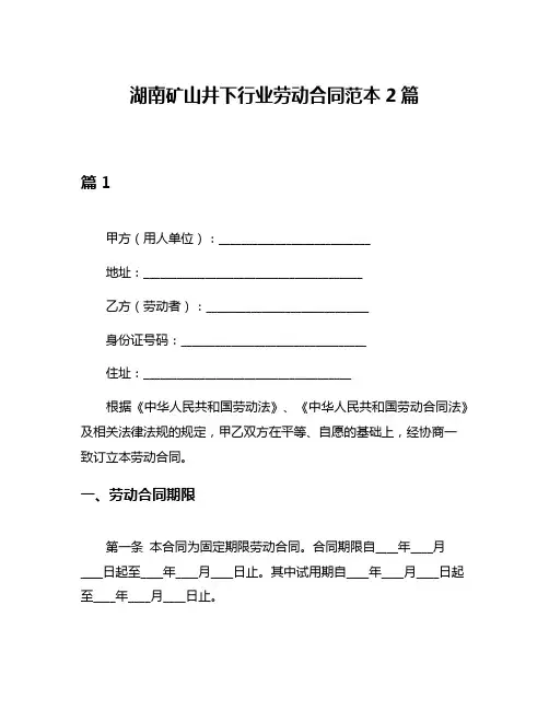 湖南矿山井下行业劳动合同范本2篇