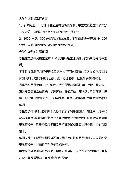 大学生体测标准评分表