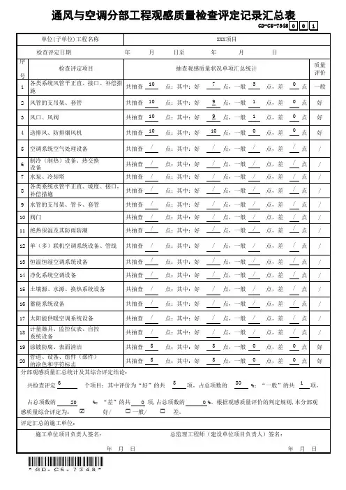 GD-C5-7348通风与空调分部工程观感质量检查评定记录汇总表(省统表)(填写范本)