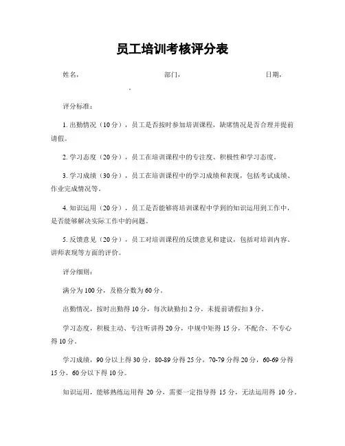 员工培训考核评分表