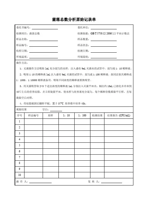 菌落总数原始记录表