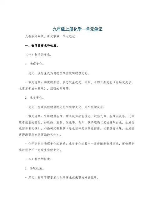 九年级上册化学一单元笔记