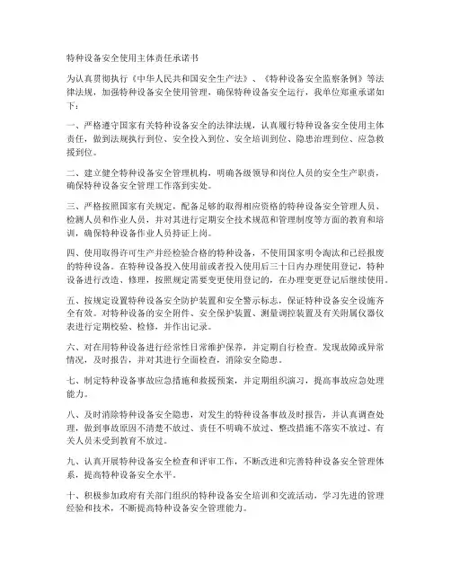 特种设备安全使用主体责任承诺书