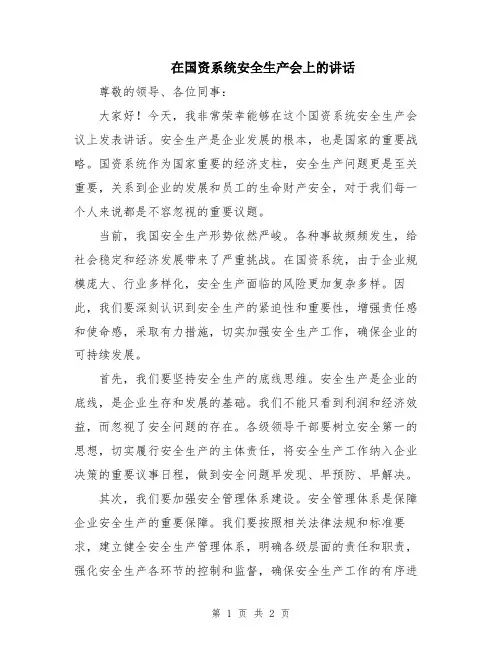 在国资系统安全生产会上的讲话