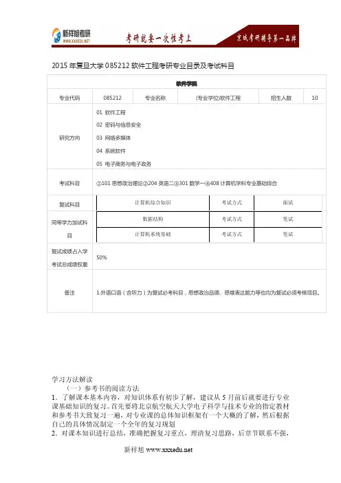2016年复旦大学085212软件工程考研专业目录及考试科目
