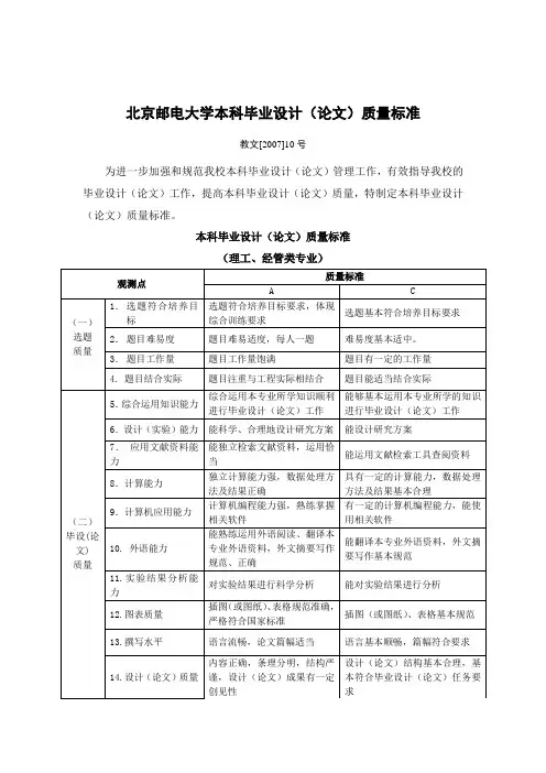 北京邮电大学本科毕业设计(论文)质量标准