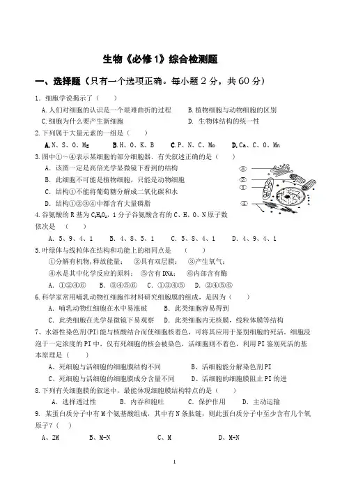 (完整版)高中生物必修一综合测试题(附答案)